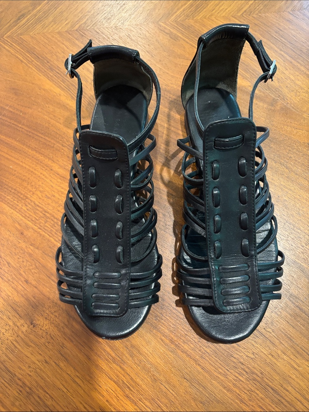All Saints Black Strappy Cage Sandals with Ankle Buckle